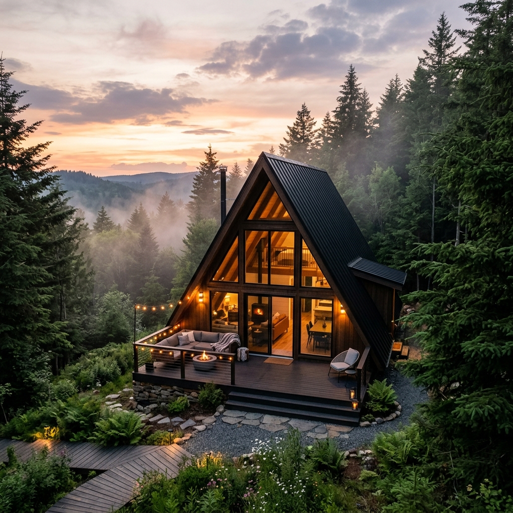 Cozy A-frame cabin in autumn woods