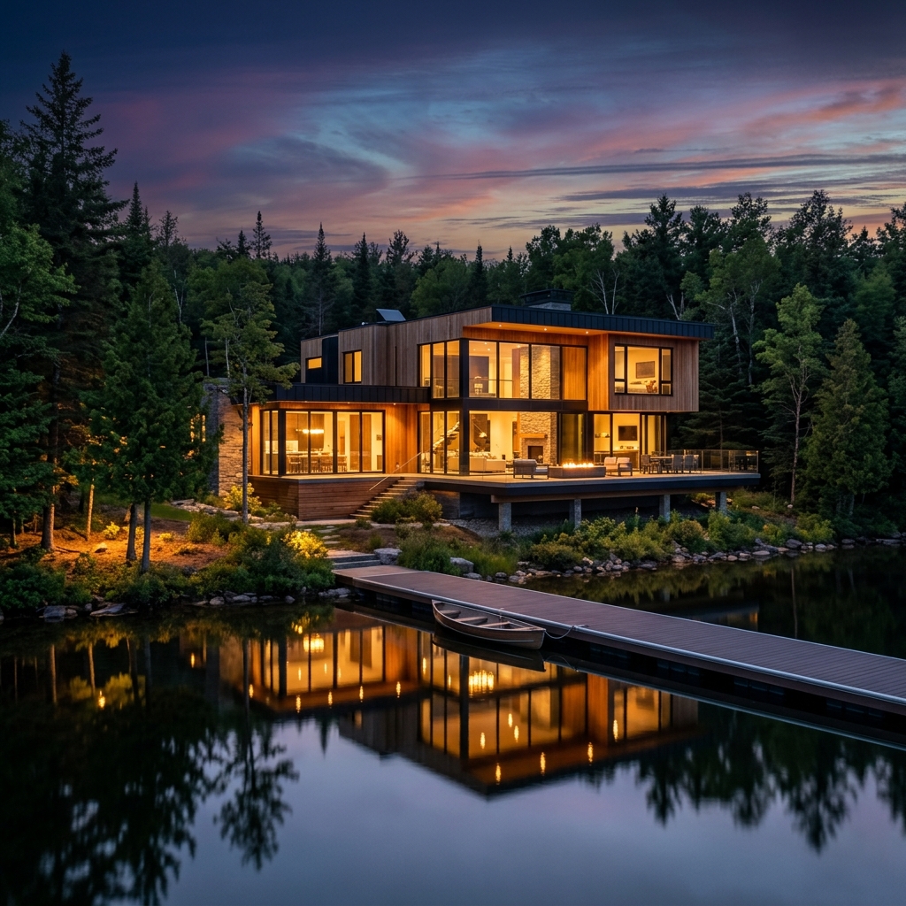 Cozy wooden cottage by a lake at dusk