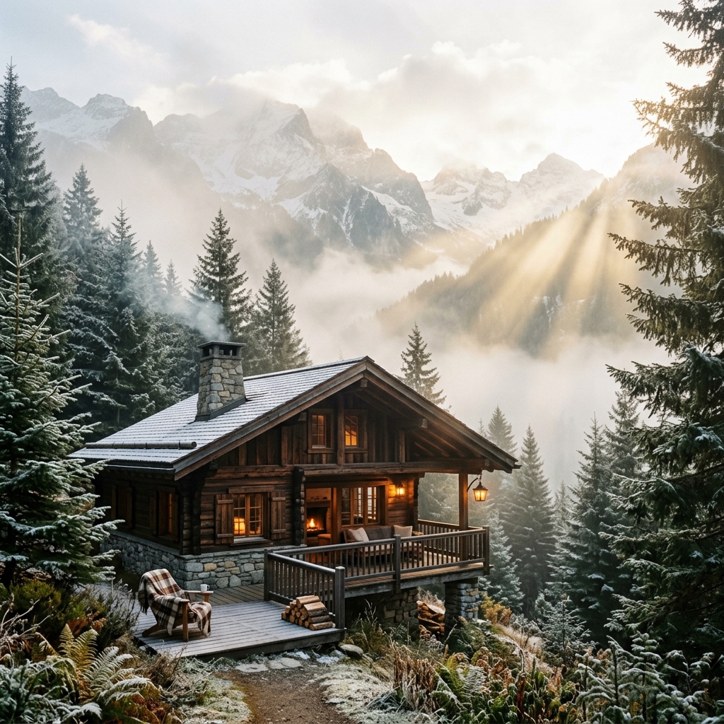 Lodge surrounded by green forest trees